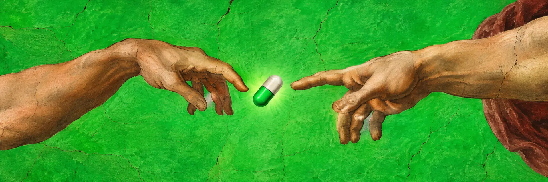 Fresco hands reaching toward a luminous green capsule